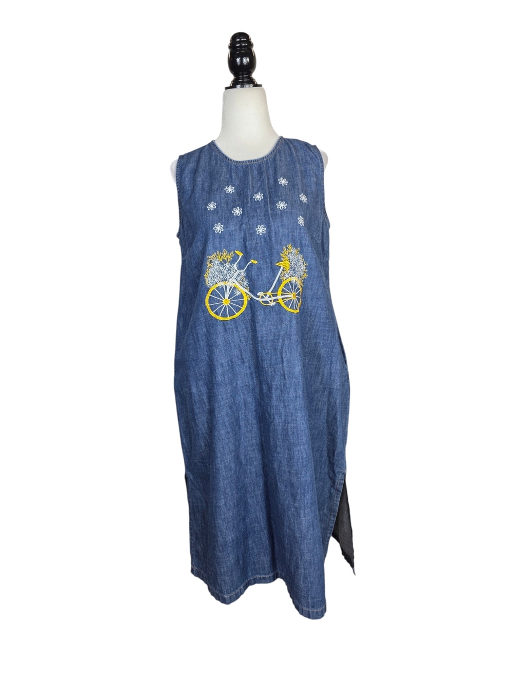 Vintage Blue Denim Midi Dress with Yellow Bicycle Embroidery